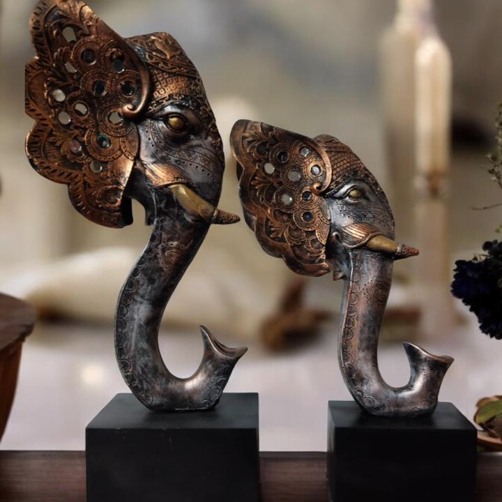 Elephant Face Idols Set of 2 - Elegant Animal-Themed Home Decor for Living Room & Office