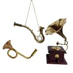 Miniature Gramophone, Bigul, and Saxophone Combo – Vintage Musical Instrument Set for Home Decor