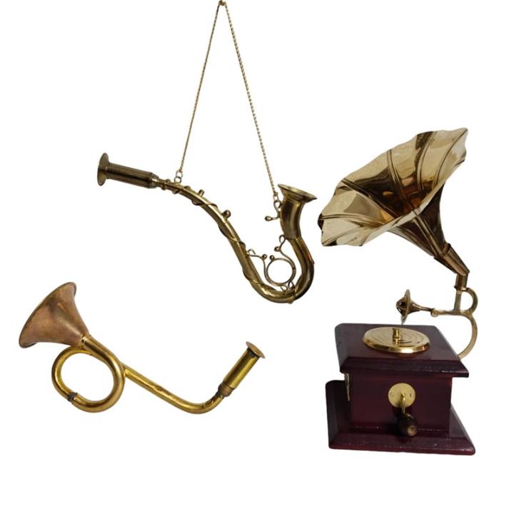 Miniature Gramophone, Bigul, and Saxophone Combo – Vintage Musical Instrument Set for Home Decor