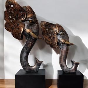 Elephant Face Idols Set of 2 - Elegant Animal-Themed Home Decor for Living Room & Office