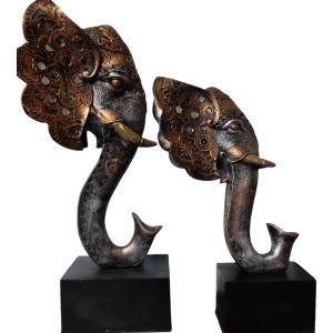Elephant Face Idols Set of 2 - Elegant Animal-Themed Home Decor for Living Room & Office