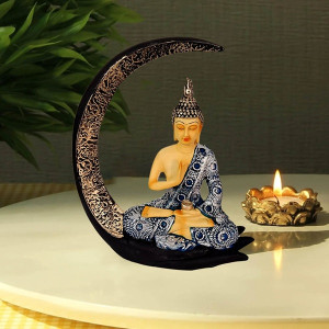 Tranquil Buddha Sitting on Moon Idol Blue Set of 1 - Spiritual Elegance for Your Home
