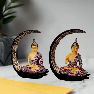 Tranquil Buddha Sitting on Moon Idol Blue Set of 2 - Spiritual Elegance for Your Home